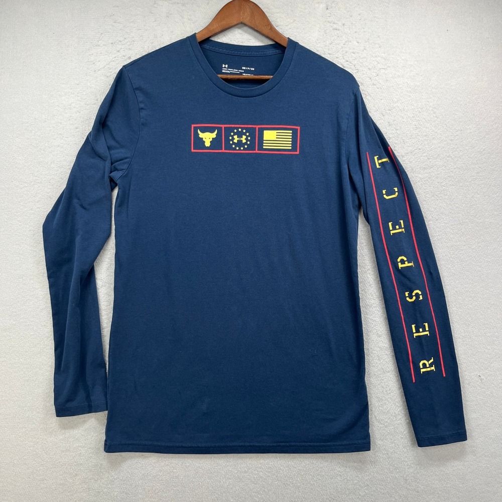 Under Armour Project Rock Respect Long Sleeve T Shirt Men S Blue Graphic Gym Tee